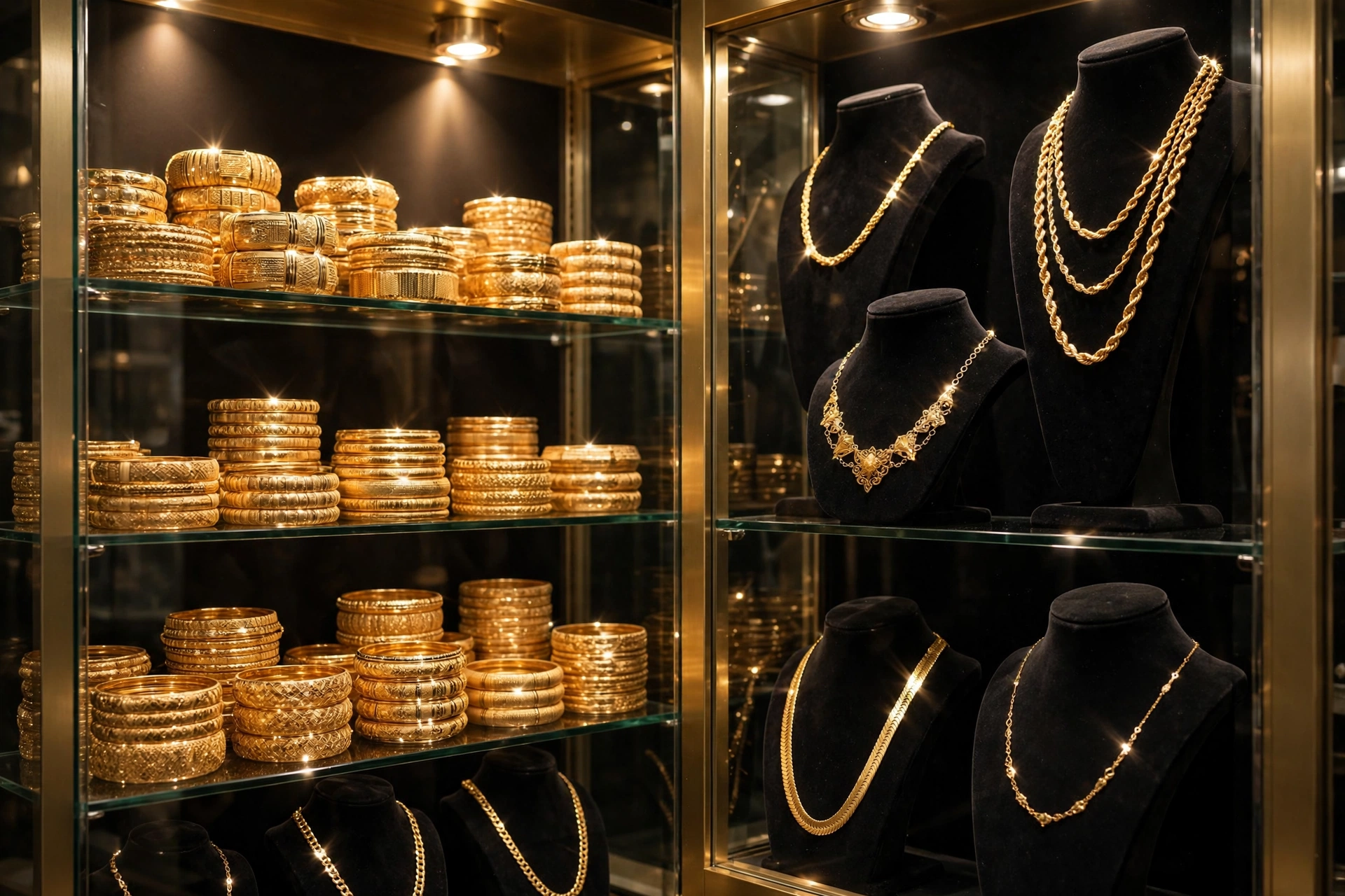 Gold jewelry display in a jeweler shop
