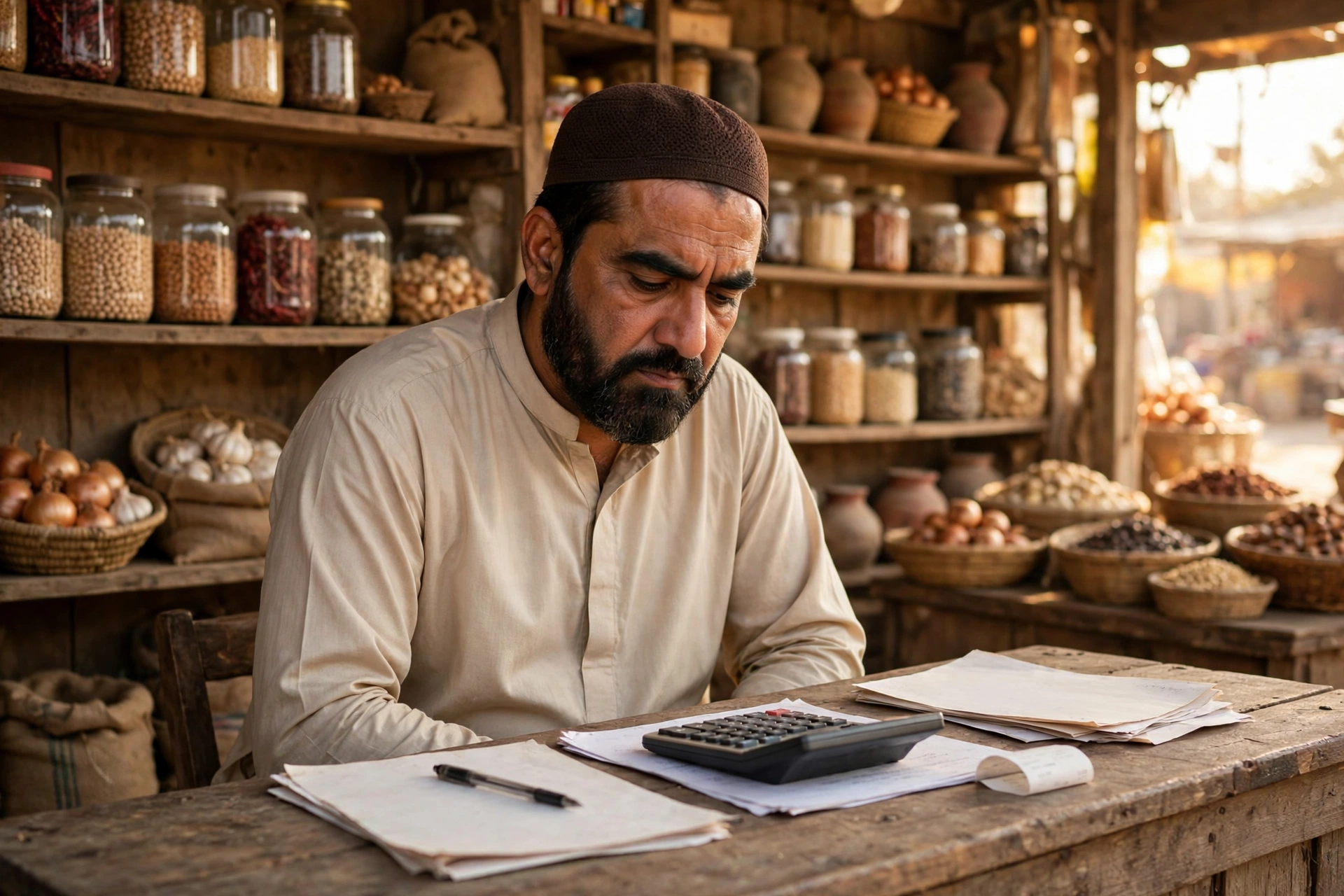 Small business owner reviewing bills at shop counter