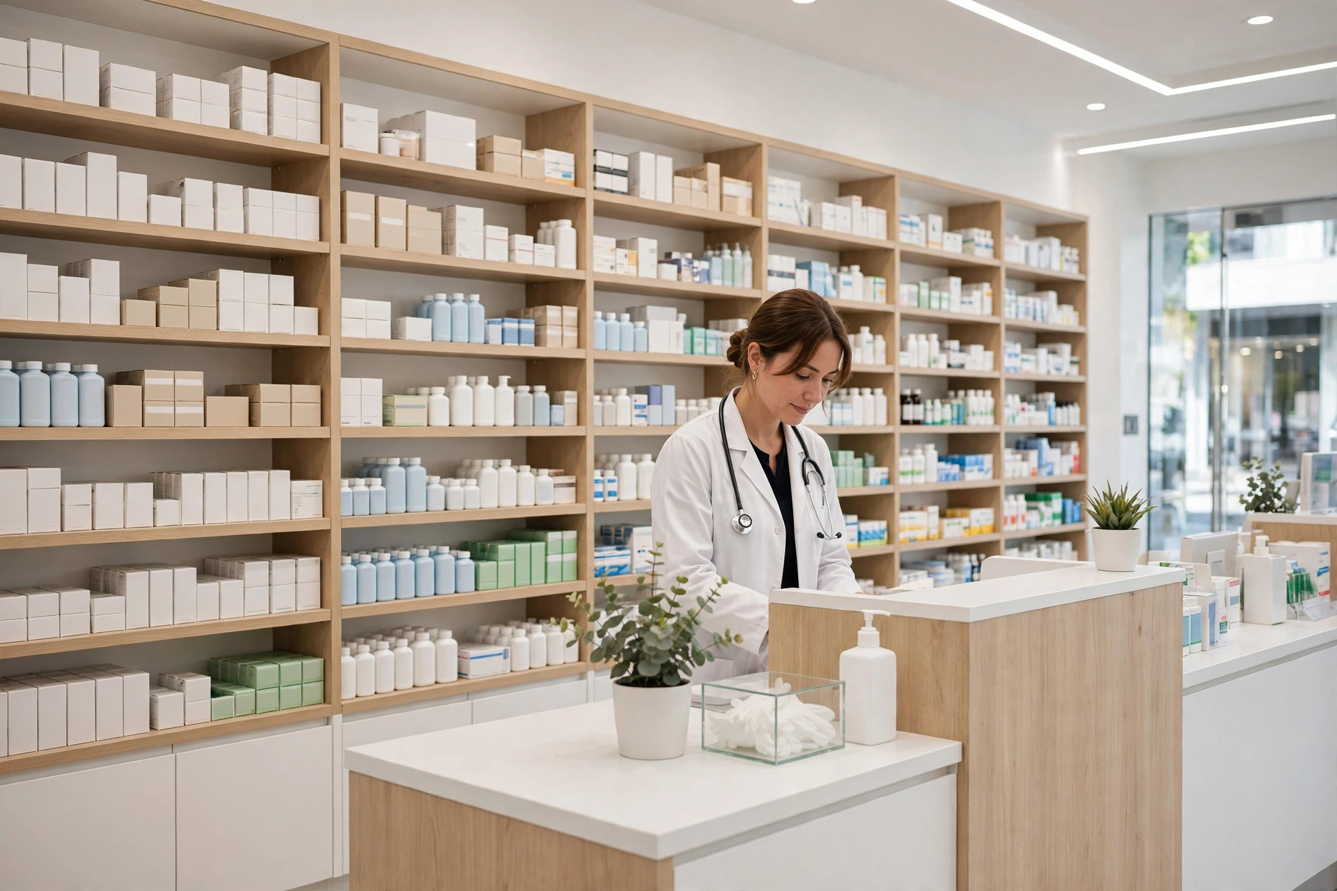 Modern pharmacy interior with medicine shelves