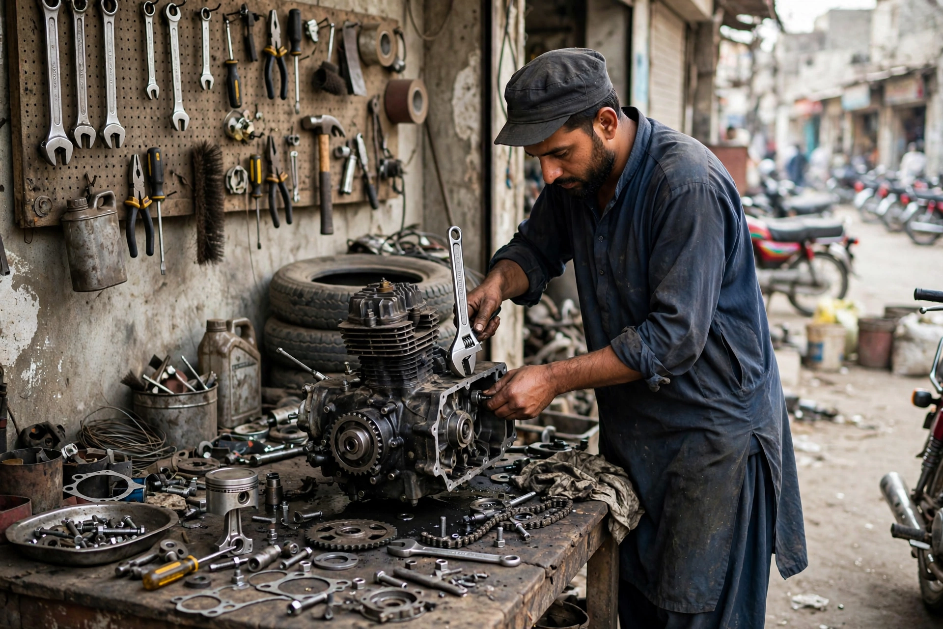 Motorcycle repair workshop in Pakistan
