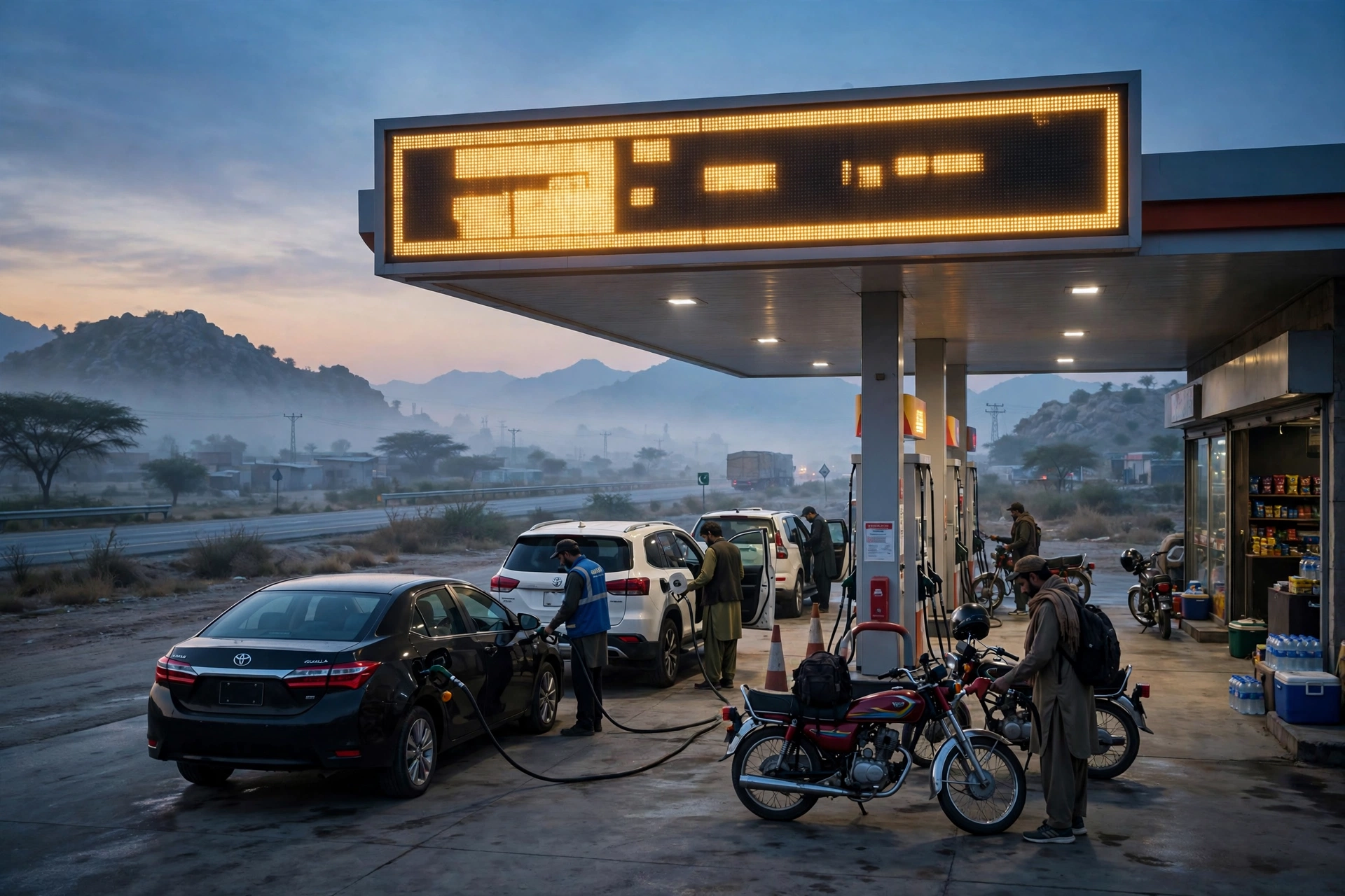 Fuel station price board at dawn in Pakistan