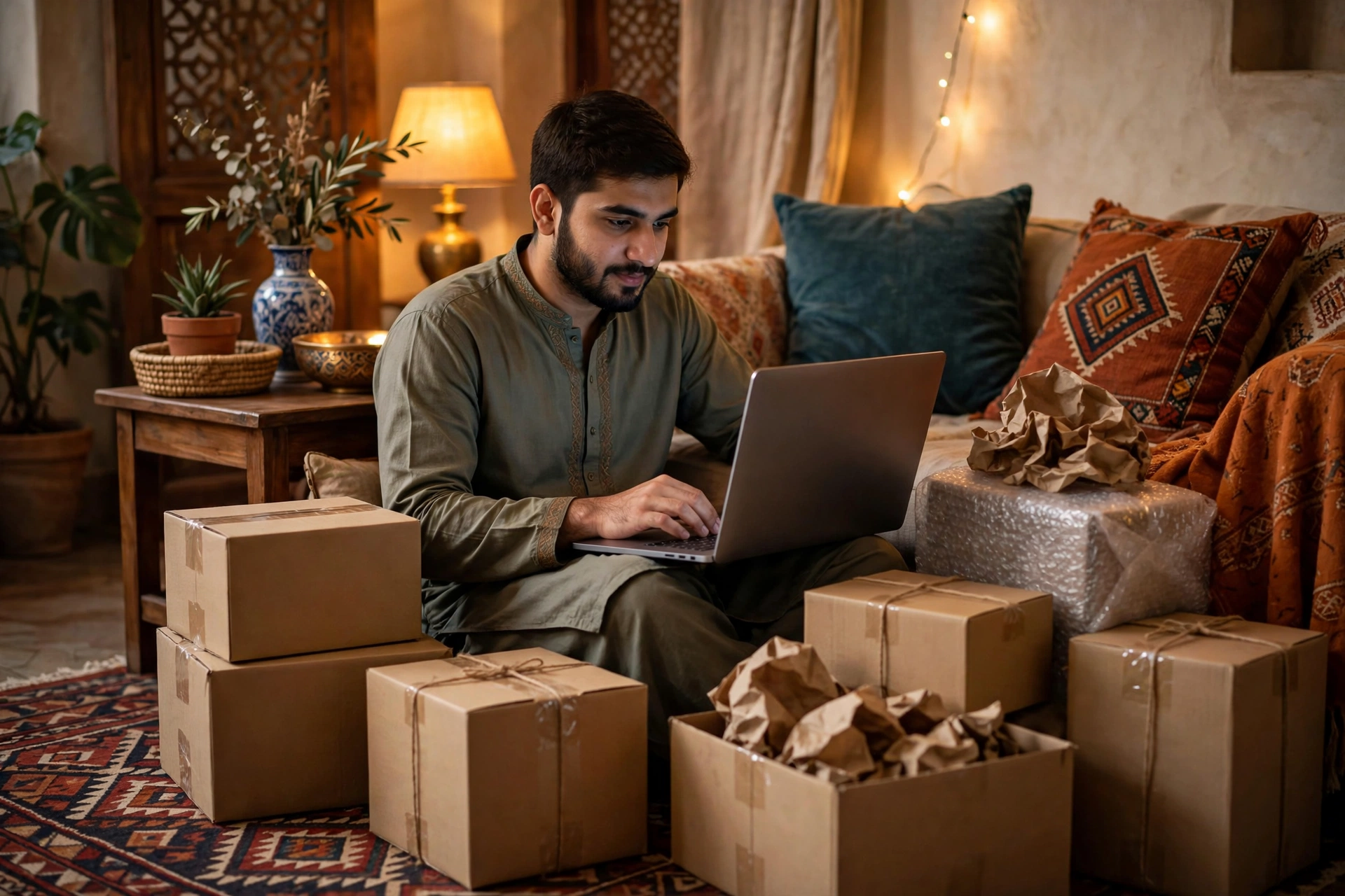 Online shopping on laptop with delivery parcels