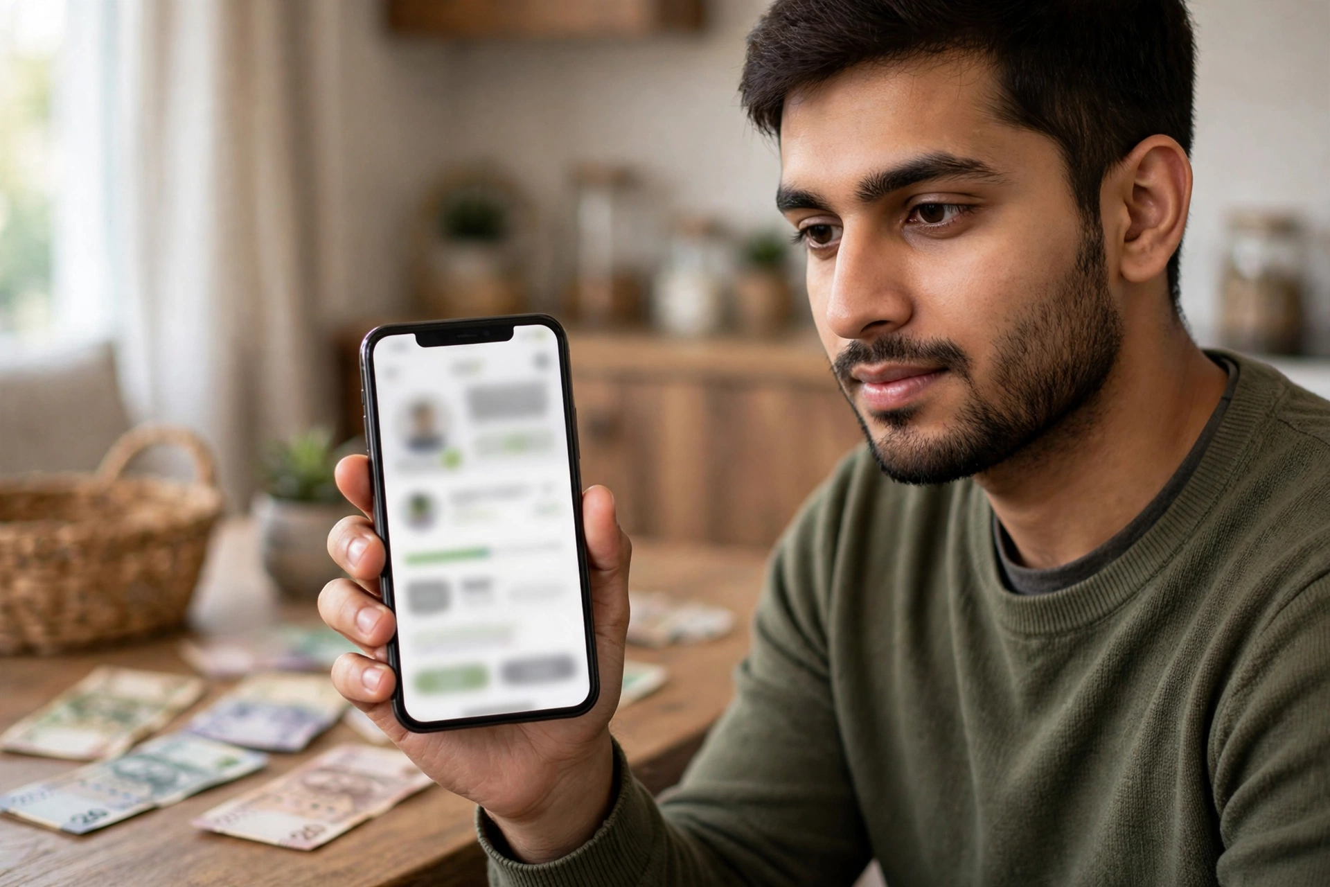 Person using a money transfer app on smartphone