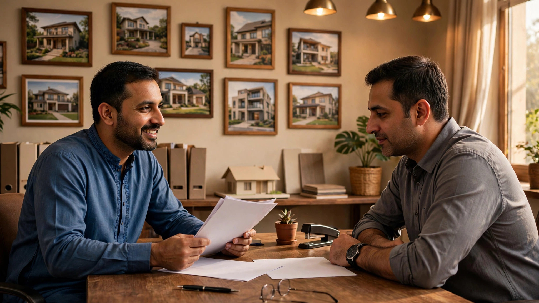 Property dealer explaining documents to a client in office