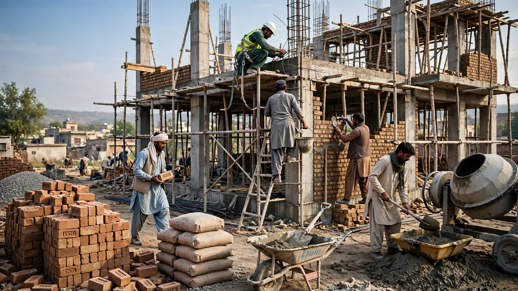 Construction site with builders working on a residential building