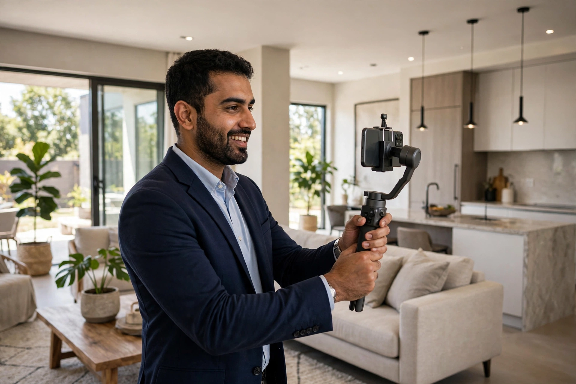 Real estate agent filming a property video tour with smartphone