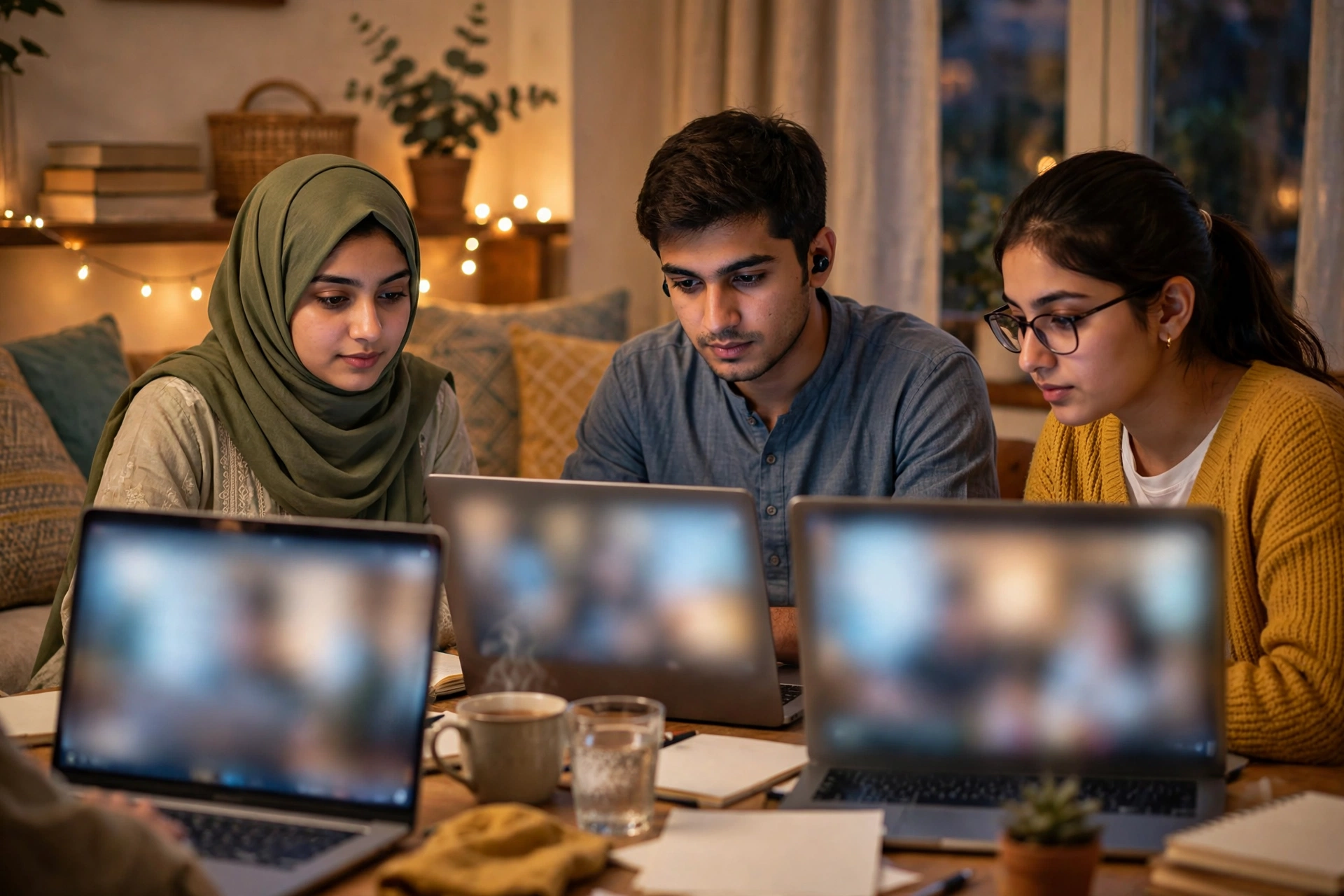 Students taking an online course on laptops at home