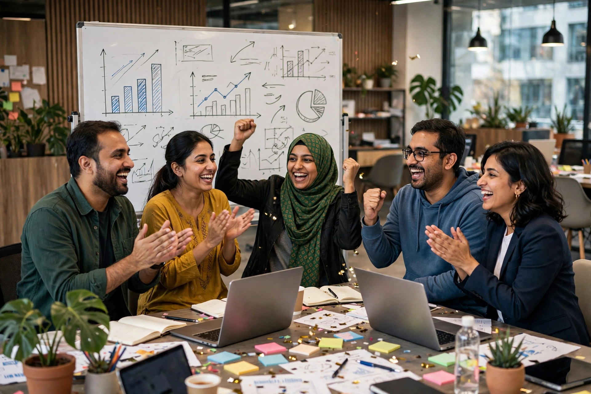 Pakistani startup founders celebrating in a co-working office