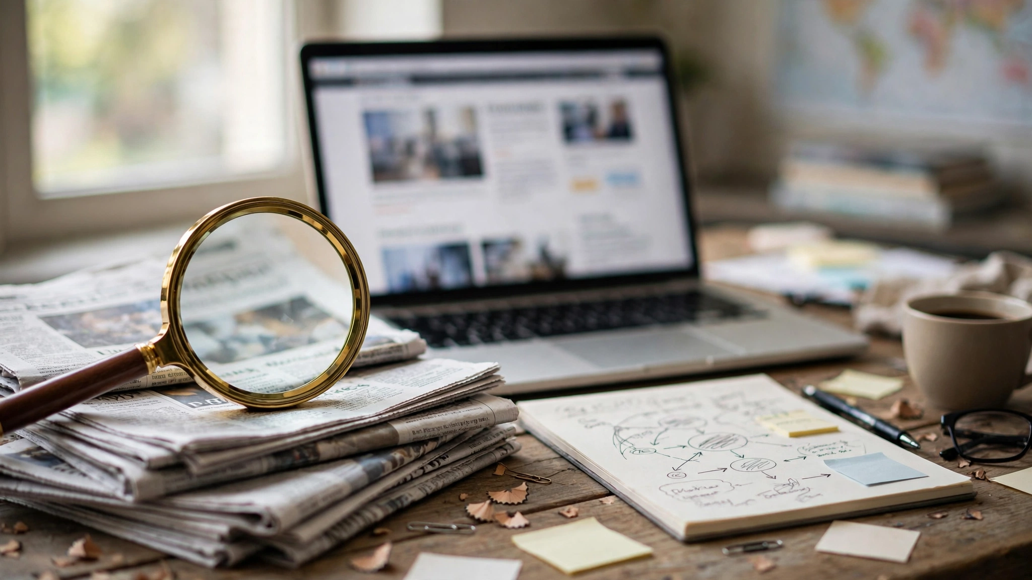News desk with newspapers, laptop and magnifying glass