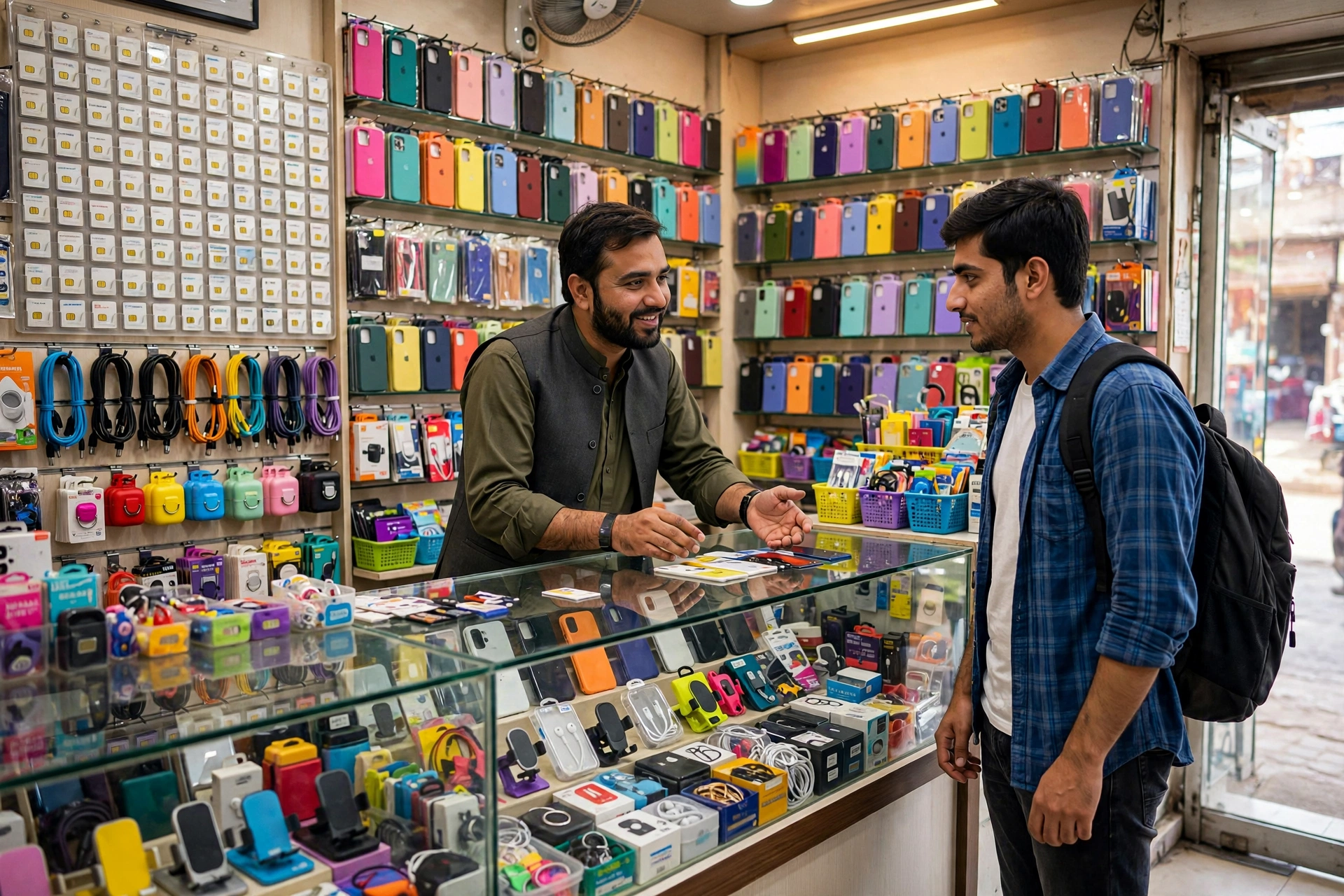 Pakistani mobile phone retail shop with accessories