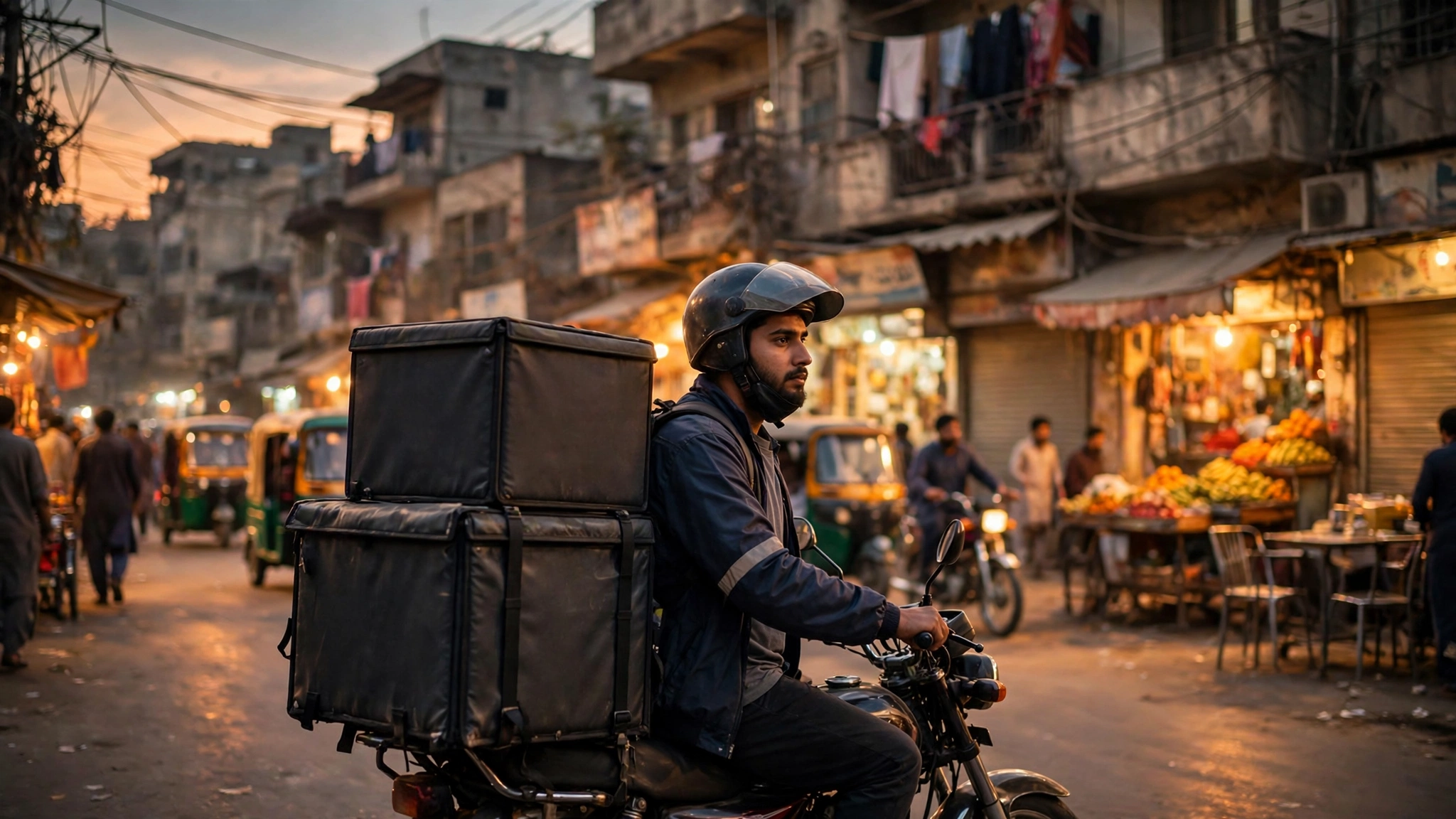 Food delivery rider on a motorbike in the city