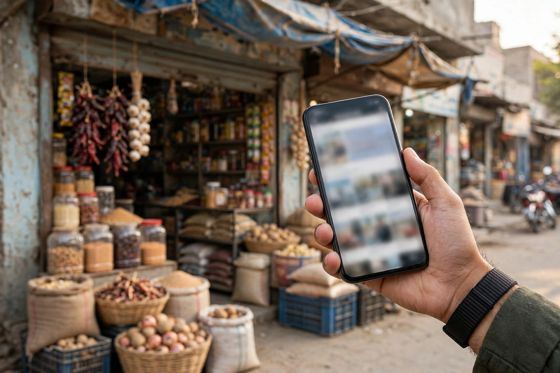 Smartphone showing a Google Business Profile listing outside a shop