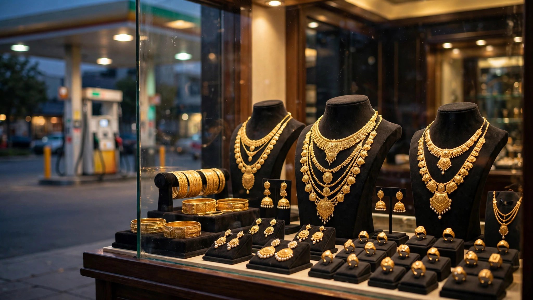 Gold jewelry display in a Pakistani jeweler's shop