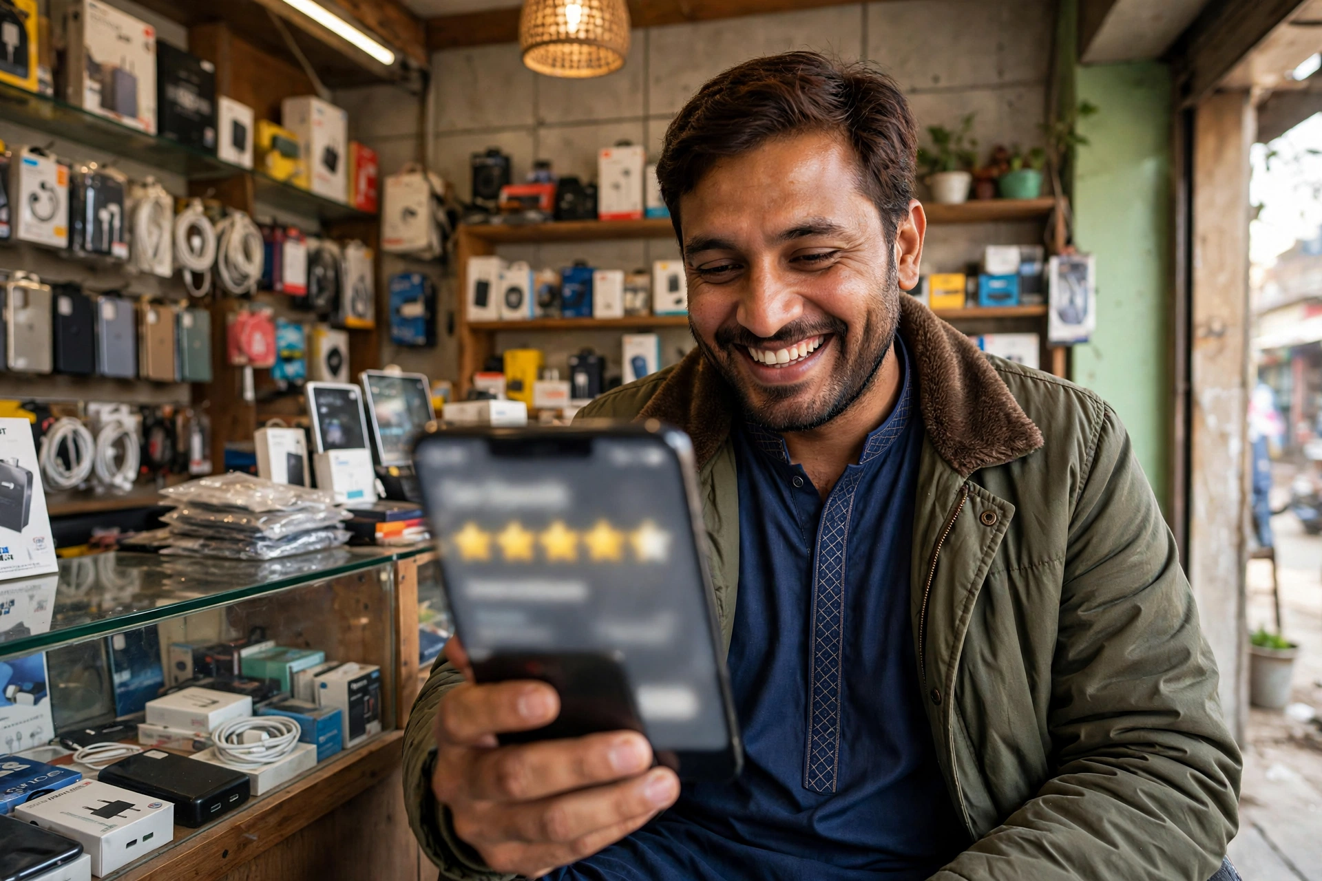 Customer giving a 5-star rating on a smartphone